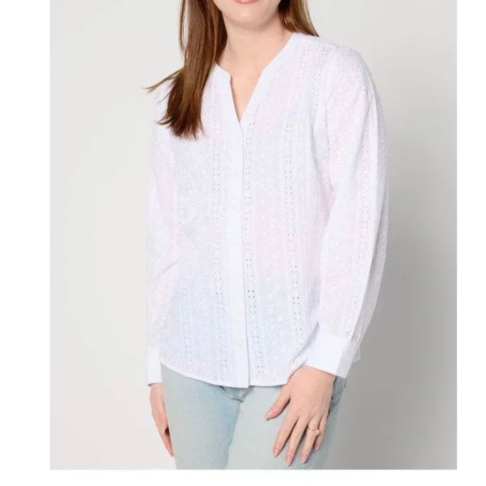 Denim & Co Adaptive Cotton Eyelet Button Down Shirt White 2X A647750848301